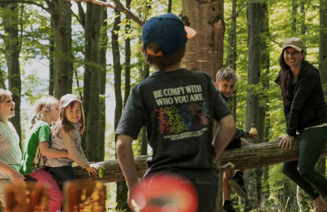 Kinder spielen gemeinsam im Wald auf einem Holzstamm.
